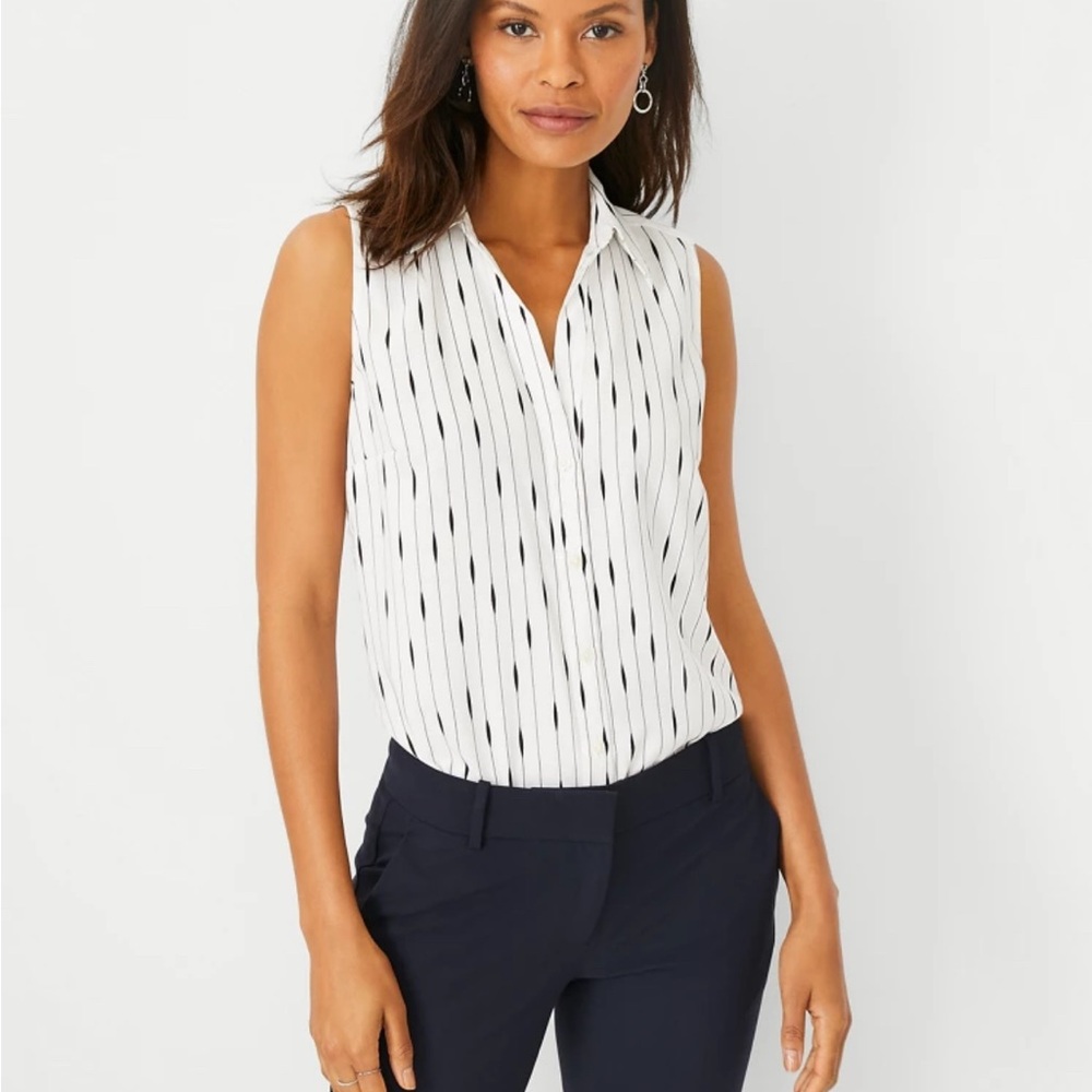 Ann Taylor black and white sleeveless button front blouse.